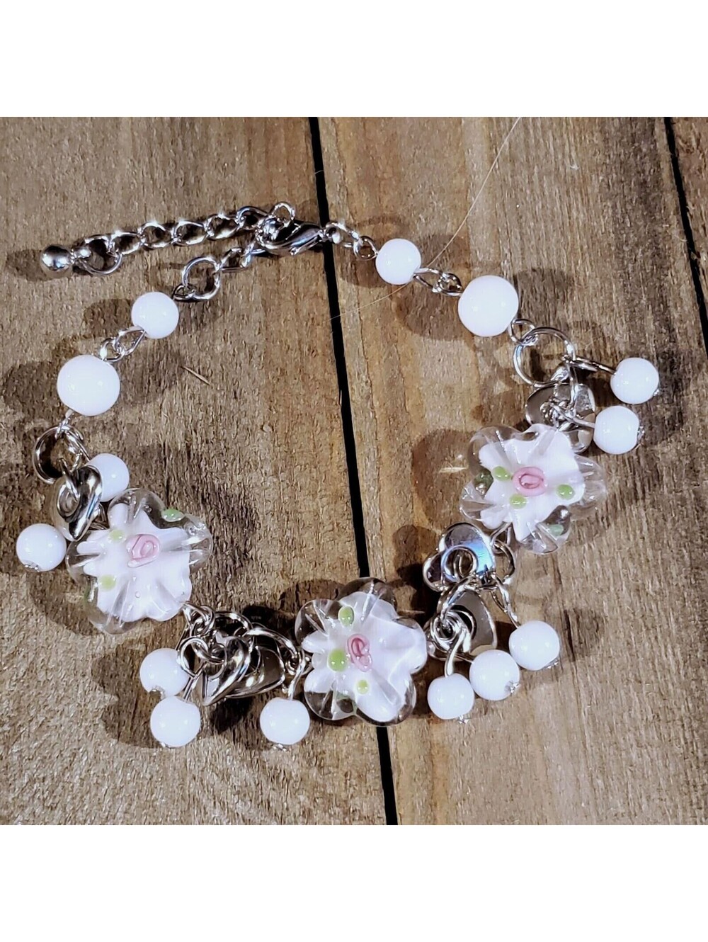 Vintage Murano Glass Beads White Silver Charm Bracelet Style D